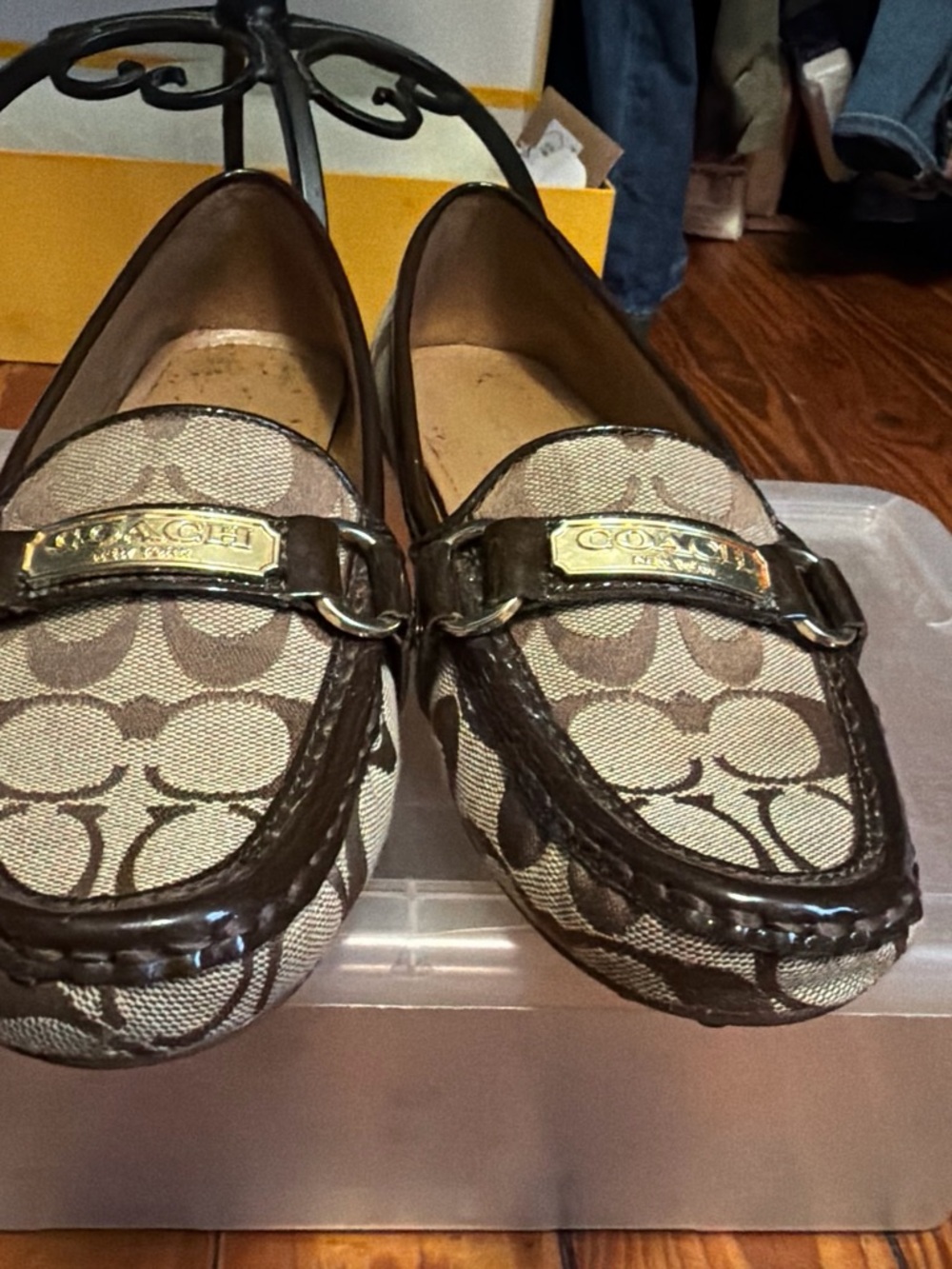 Coach Signature Canvas Loafers in Brown and Cream with Gold Plaque